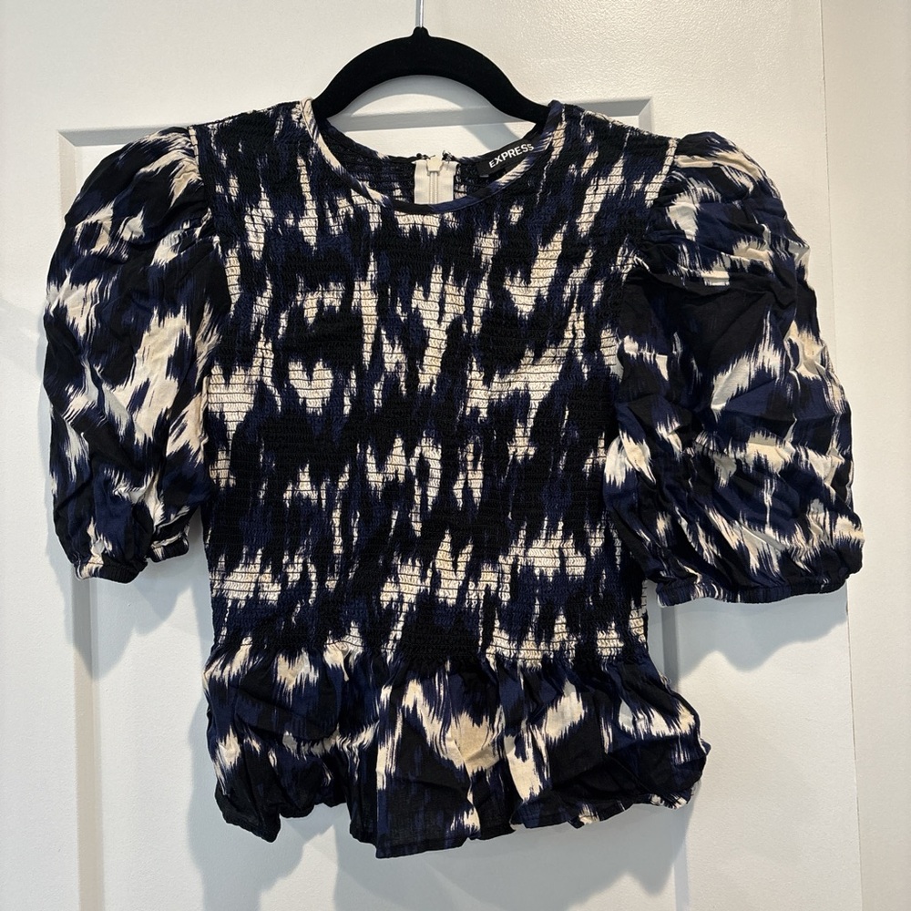 Express Navy and White Smocked Puff-Sleeve Top